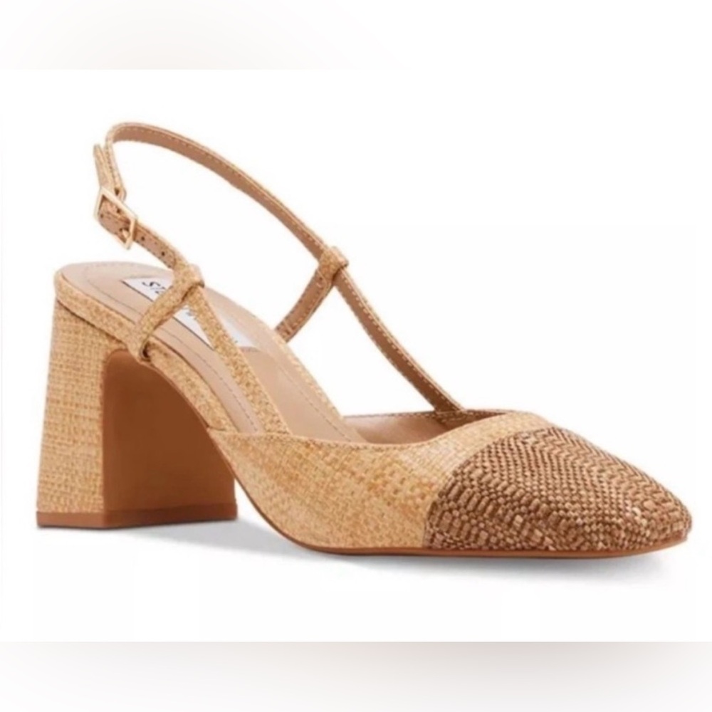 Steve Madden Becka Raffia Tan Woven Slingback Block Heel - size 9 - barely worn